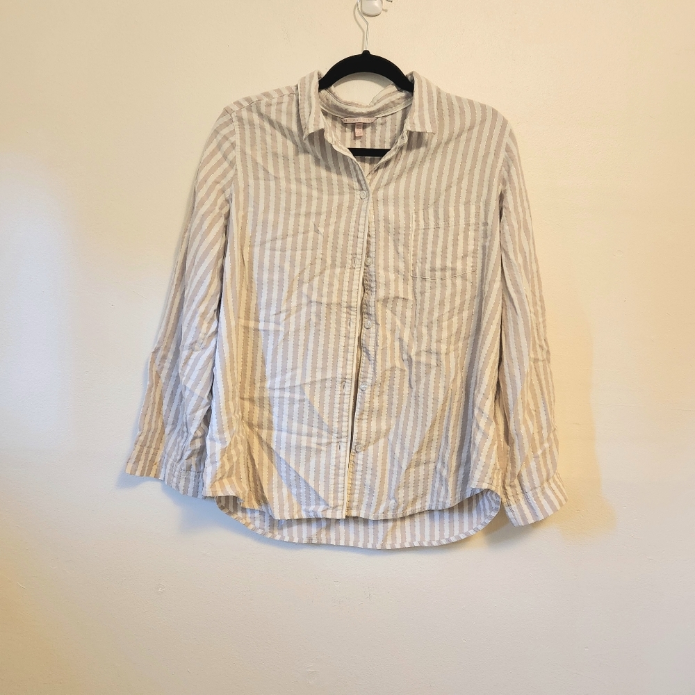 Victoria's Secret Size XL Beige and White Button Down Striped Shirt Silver Tones